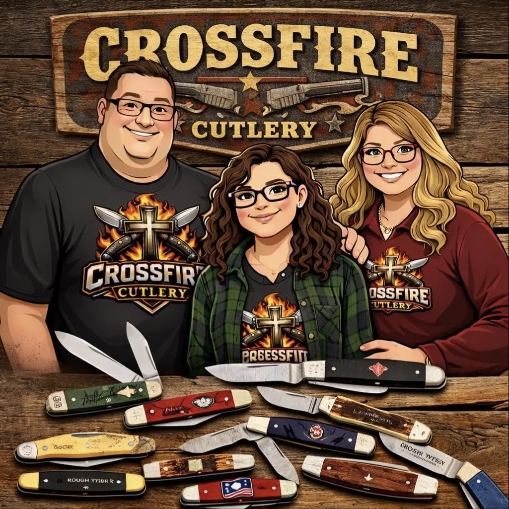 Illustrated cover art of the Crossfire Cutlery family in Crossfire shirts behind a table of traditional pocket knives, under a wooden Crossfire Cutlery sign