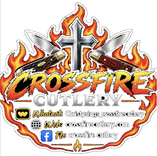 Crossfire Cutlery badge logo — flaming cross and crossed pocket knives, with Whatnot, web, and Facebook handles