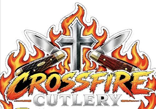 Crossfire Cutlery — flaming cross and crossed traditional pocket knives mark